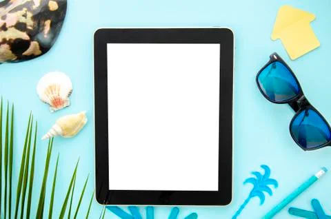 Top view mockup summer work desk. Tablet pc for responsive design with seashell Stock Photos