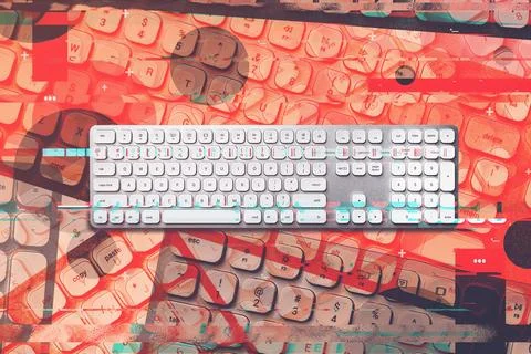 Top view of modern computer keyboard with glitch effect Foto stock
