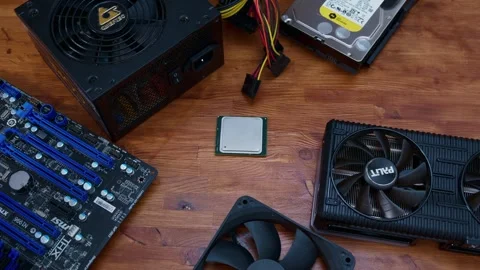 Top view of modern computer parts put together. Minsk, Belarus - April 7, 2024 Stock Footage 276913386
