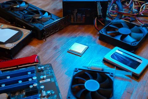 Top view of modern computer parts put together. Building personal gaming and Stock Photos