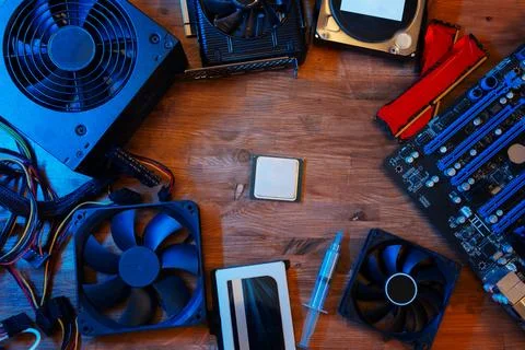 Top view of modern computer parts put together. Building personal gaming and Stock Photos