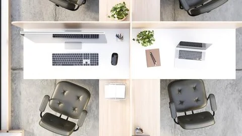Top view modern office desk with laptop desktop computer and workspace acce.. Illustrazione stock