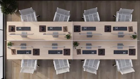 Top view modern office workspace with desktop computers and office desks Stock Illustration