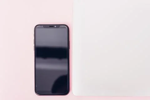 Top view of modern technology smart phone mobile and computer laptop close co Stock Photos