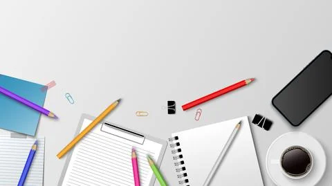 Top view of modern workplace, coffee paper note pencil on the white backgroun Stock Illustration