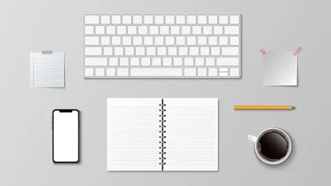 Top view of modern workplace, keyboard coffee paper note pencil Stock Illustration