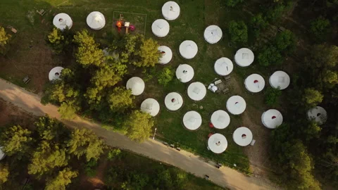 Top view of Mongolian tents set up among the trees. Stock Footage 258228036