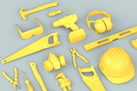 Top view of monochrome construction tools for repair on grey background Stock Illustration