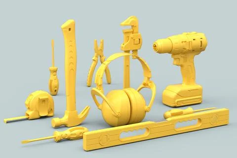 Top view of monochrome construction tools for repair on grey background Stock Illustration