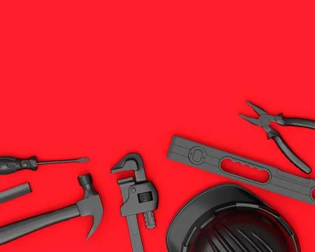 Top view of monochrome construction tools for repair on red background Stock Illustration