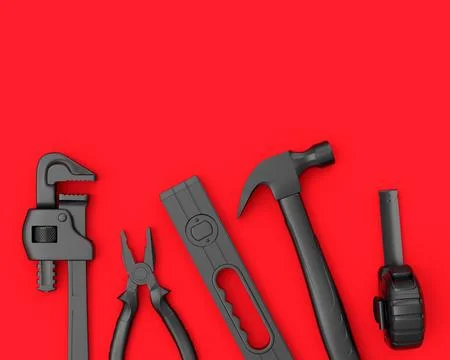 Top view of monochrome construction tools for repair on red background Stock Illustration