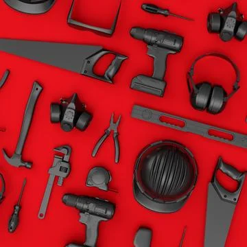 Top view of monochrome construction tools for repair on red background Stock Illustration