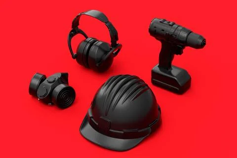 Top view of monochrome construction tools for repair on red background Stock Illustration