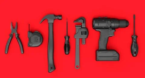 Top view of monochrome construction tools for repair on red background Stock Illustration