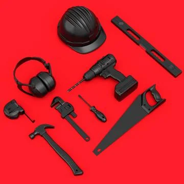 Top view of monochrome construction tools for repair on red background Stock Illustration