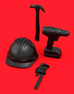 Top view of monochrome construction tools for repair on red background Stock Illustration