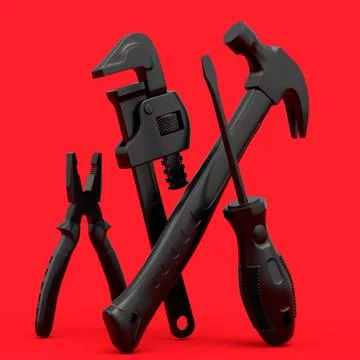 Top view of monochrome construction tools for repair on red background Stock Illustration