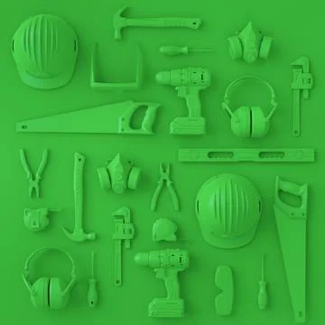 Top view of monochrome construction tools for repair on multicolor background Stock Illustration