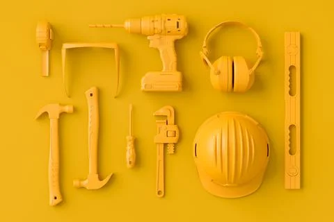 Top view of monochrome construction tools for repair on multicolor background Stock Illustration