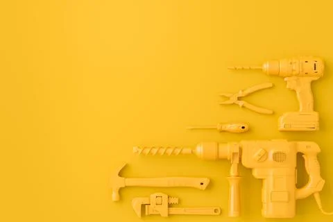 Top view of monochrome construction tools for repair on multicolor background Stock Illustration