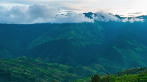 Top view Morning Mist and Viewpoint with Layers of Mountains Stock Footage 344631147