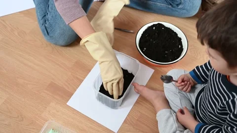 Top view of mother and son preparing soil for seeds. Stock Footage 180698804