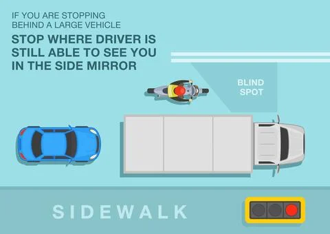 Top view of motorcycle stopped outside of the blind spot area. Stock Illustration