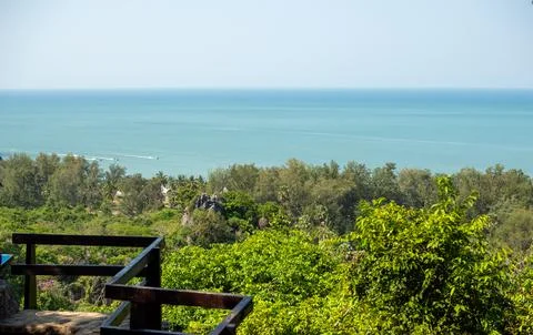 Top view from the mountain looking down to the sea, the Gulf of Thailand. Stock Photos