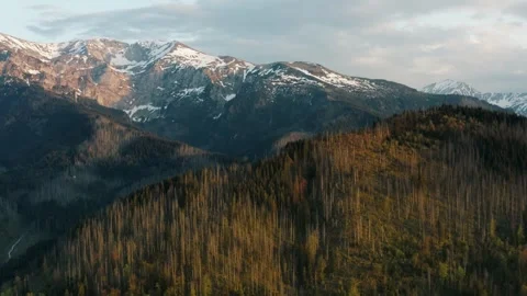 Top view mountain peaks covered with snow in warm sunset light, aerial shot Video stock 243226579