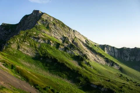 Top view of the mountain range and peaks. Mountain peak in the summer. Stock Photos