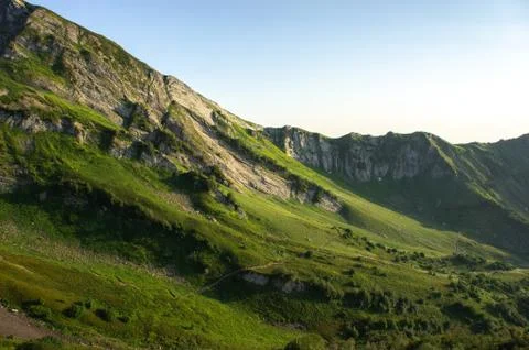 Top view of the mountain range and peaks. Mountain peak in the summer. Stock Photos