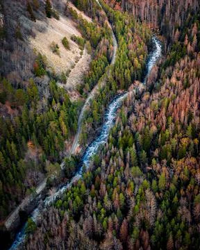 Top view of mountain road in forest with blue river Stock Photos