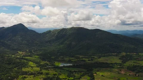 Top view of mountains with green forests and agricultural land with farm Stock Footage 233553455