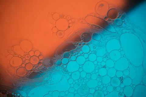 Top view movement of bubbles in the liquid. Oil surface multicolored backgr.. Stock Photos
