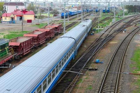 Top view of moving trains on marshalling yard, Gomel, Belarus Stock Photos