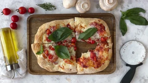 Top view of Mozzarella pizza slice disappear. Stop motion animation Stock Footage 161327732