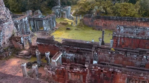 Top view of the mudbrick ruins of the Pre Rup Temple walls with balusters Stock Footage 318724362