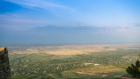 Top view of Multi-colored rectangular fields and vineyards in Alazani Valley, Stock Photos