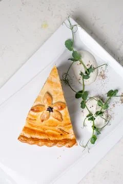 Top view multi-layered pie with a golden crust Stock Photos