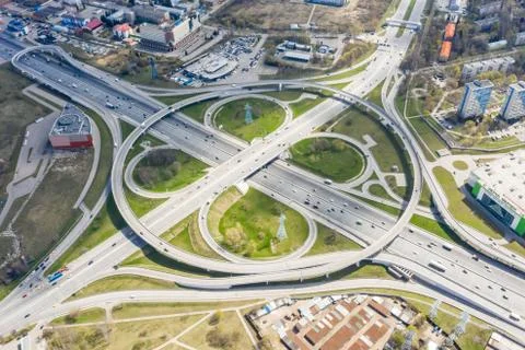 Top view of the multi-level road junction in Moscow from above, car traffic a Stock Photos