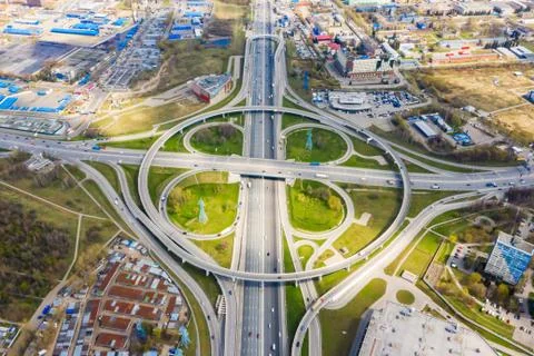 Top view of the multi-level road junction in Moscow from above, car traffic a Stock Photos