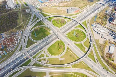 Top view of the multi-level road junction in Moscow from above, car traffic a Stock Photos