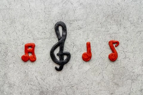 Top view of music notes made of rubber. Music abstract background Stock Photos