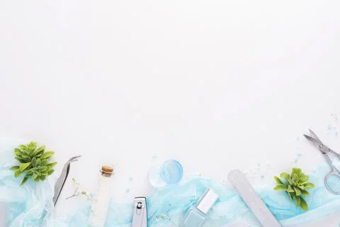Top view nail care elements arrangement with copy space. High quality and Stock Photos