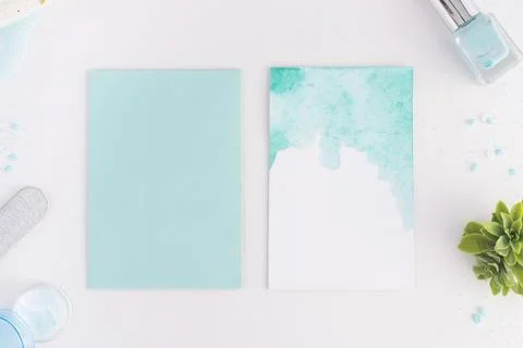 Top view nail care elements arrangement with empty card 스톡 사진
