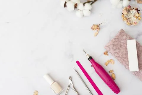 Top view nails care elements arrangement with copy space. High quality and Foto stock