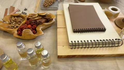 Top View of Natural Candle Making Materials on Linen Tablecloth Before Crafting 스톡 동영상 311148157