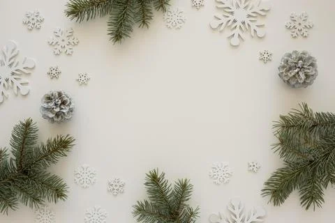 Top view natural pine needles with snowflakes. High quality and resolution Stock Photos