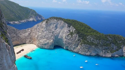 Top view of Navagio Beach or Shipwreck Beach, Zakynthos. Greece Stock Footage 117745998