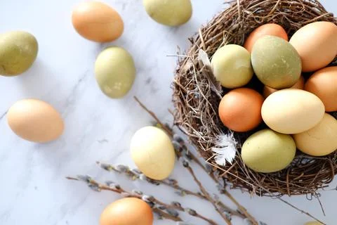 Top view of a nest of twigs inside with yellow, green and light green easter Stock Photos